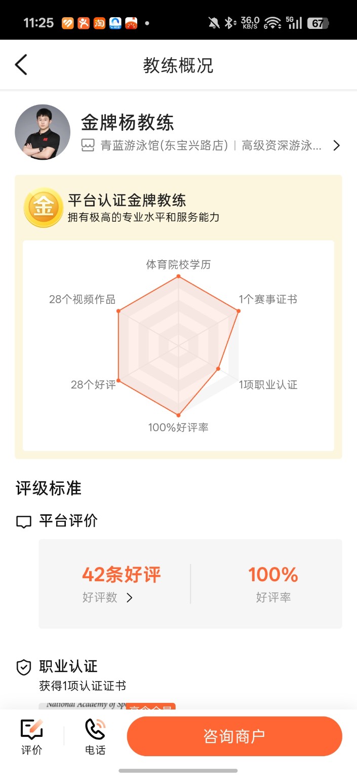 平台认证金牌教练、42条好评与100%好评率截图
